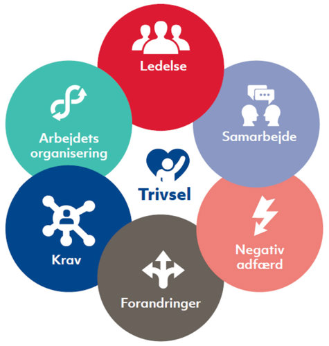 DPQ blomst: De seks områder af det psykosociale arbejdsmiljø, der findes yderst i figuren, har alle betydning for medarbejderes trivsel i arbejdet.